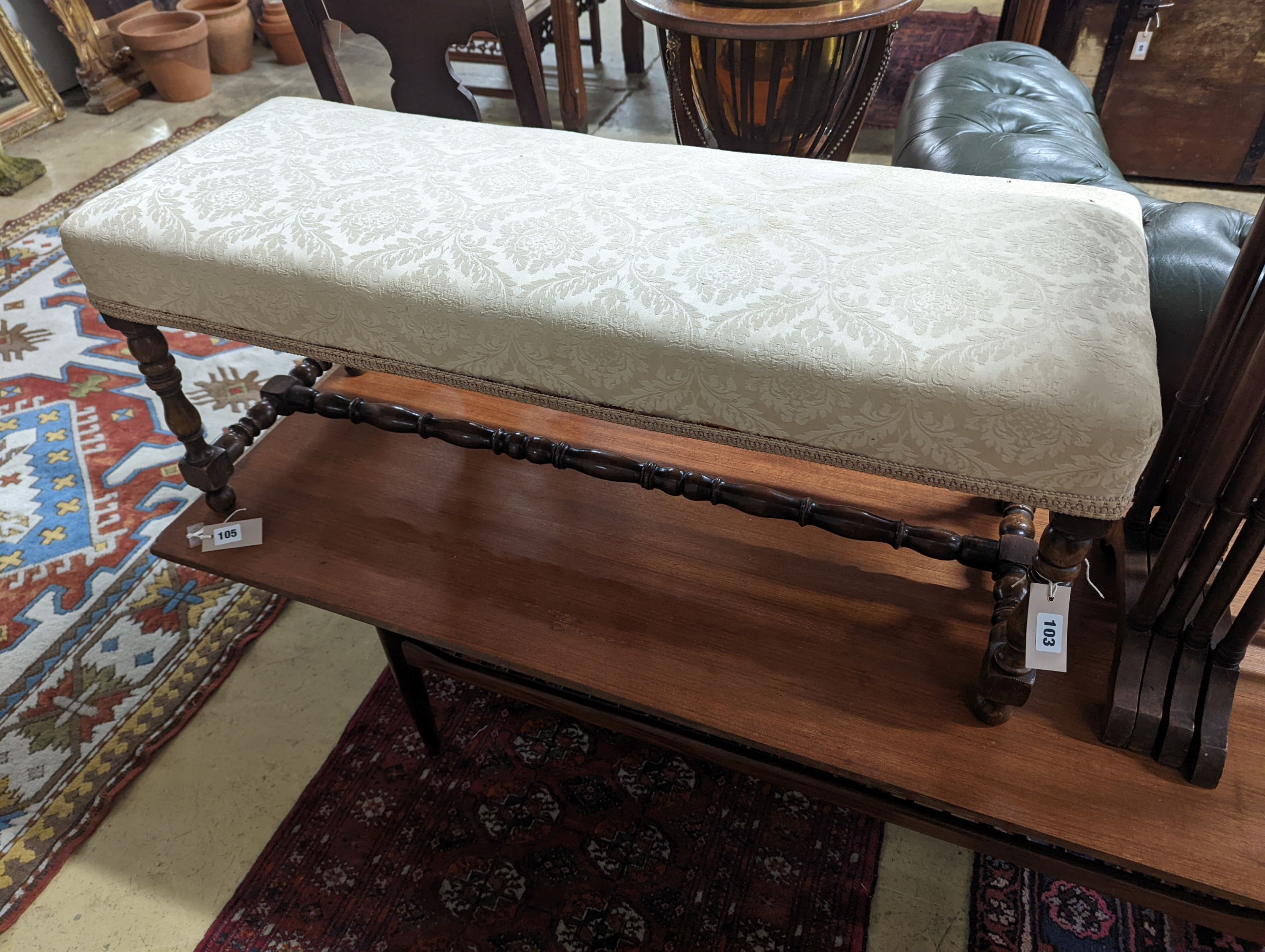 A 1920's turned mahogany window seat, length 98cm, depth 36cm, height 40cm